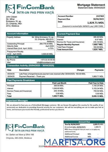 Downloadable Moldova FinComBank mortgage statement Word and PDF template